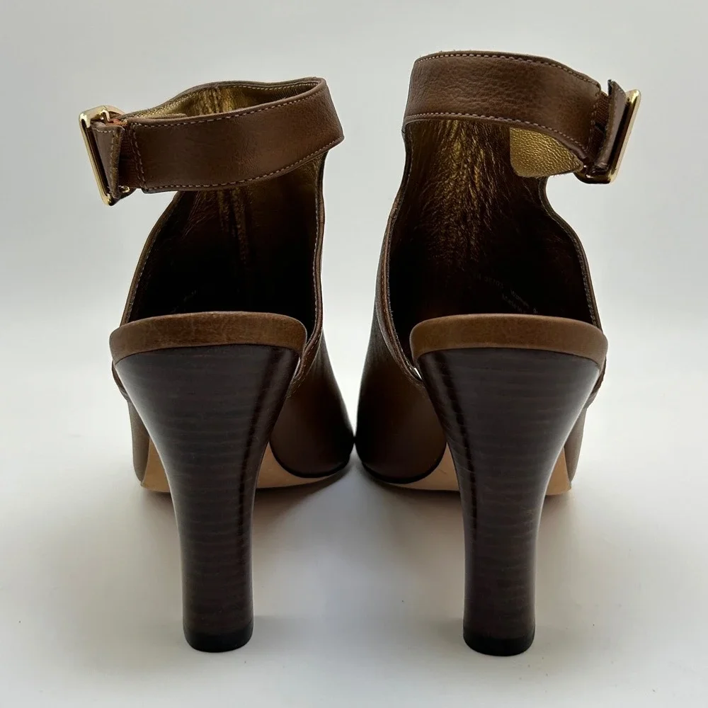 New Johnston Murphy Cassie Buckle Peep Toe Heel Booties 9.5‎ Brown Leather Ankle